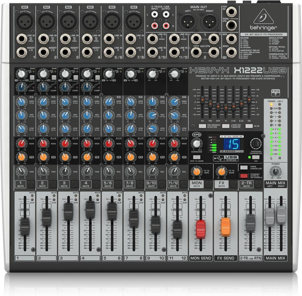 Behringer XENYX X1222USB Mixer premium a 16 ingressi e 2/2 bus con preamplificatori microfonici e compressori XENYX, EQ britannico, processore multieffetti a 24 bit e interfaccia audio/USB