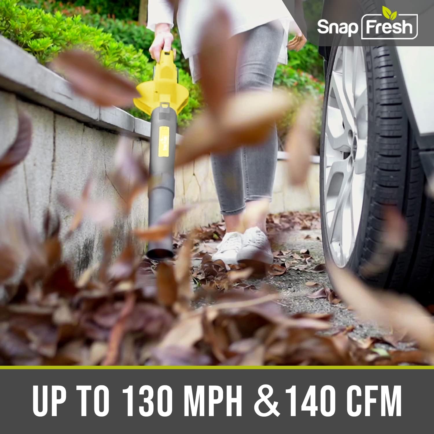 SnapFresh Soffiatore a Batteria 20V, Soffiatore Elettrico Senza Fili con Batteria e Caricabatterie - 210 km/h 240 m/h / 2 Velocità dell'Aria / Leggero Compatto 1,2 kg per Cura del Prato, Giardino, Cortile (Giallo)