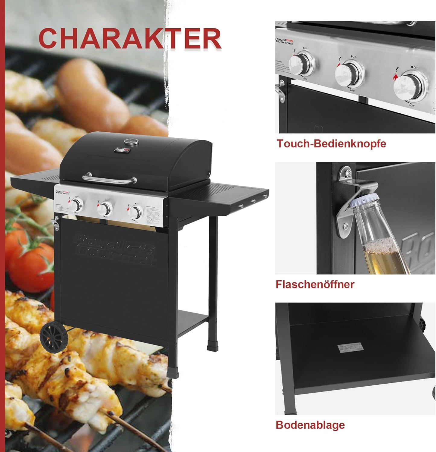 Royal Gourmet Grill a gas carrello 3 bruciatori 9 kW, fornello a gas da campeggio con piastra di cottura, barbecue da giardino con apribottiglie, regolatore di pressione e tubo del gas, griglia di cottura ca. 60 x 42 cm, Nero