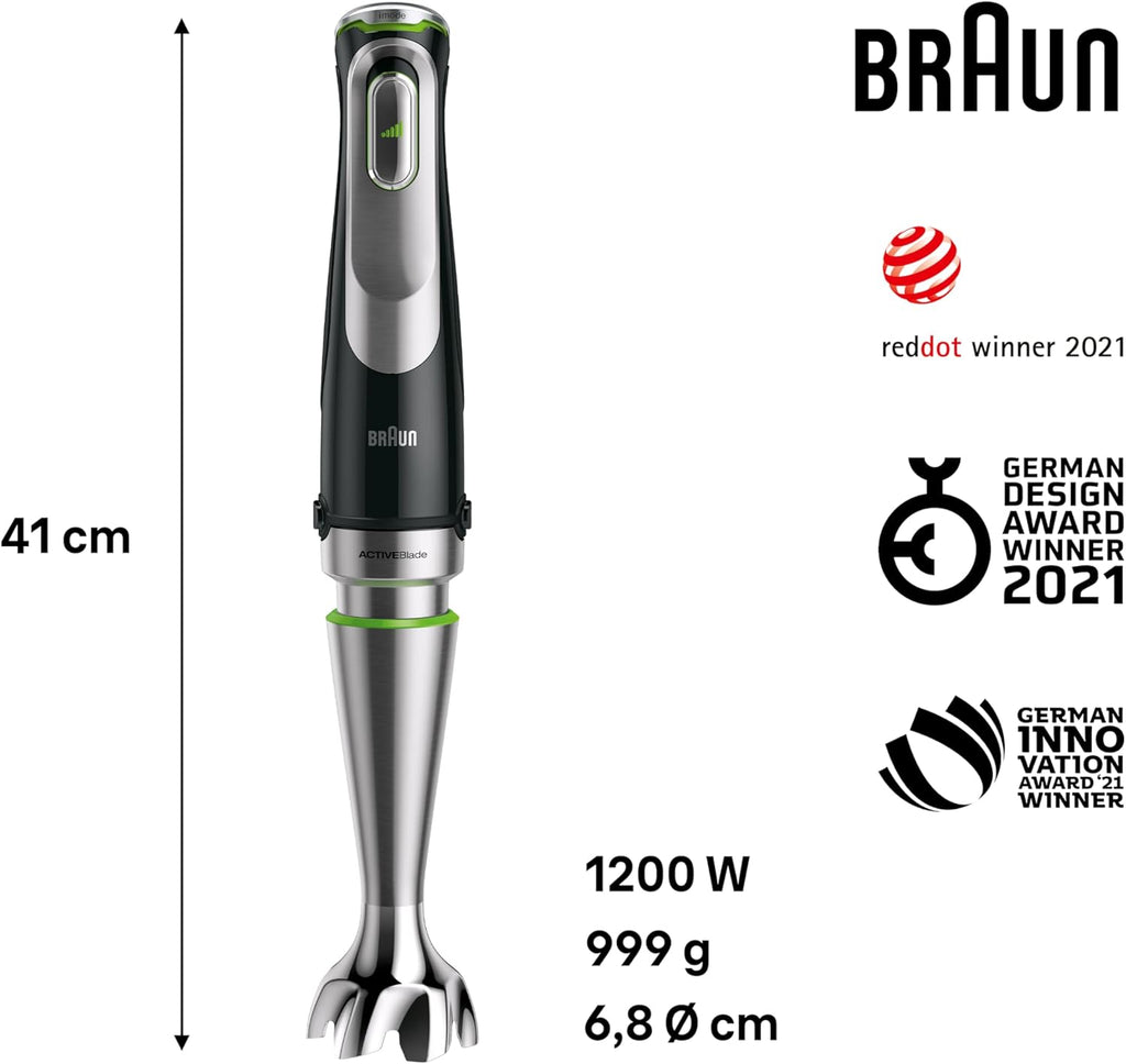 Braun MultiQuick 9 MQ 9187XLI Frullatore a immersione – Frullatore a immersione con tecnologia Active PowerDrive e 5 accessori per tritare, pestare, frullare e tritaghiaccio, 1200 Watt, nero/acciaio inox