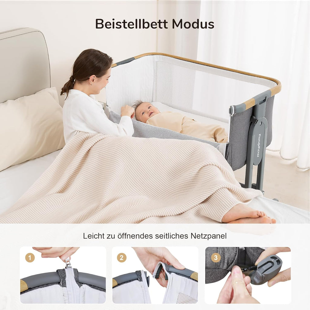 Maydolly Baby Beistellbett,3 in 1 Babybett mit Aufbewahrungskorb, Tragbare Krippe mit Rädern, Höhenverstellbar, Krippe mit Moskitonetz und Matratze für Säuglinge/Neugeborene,Grau