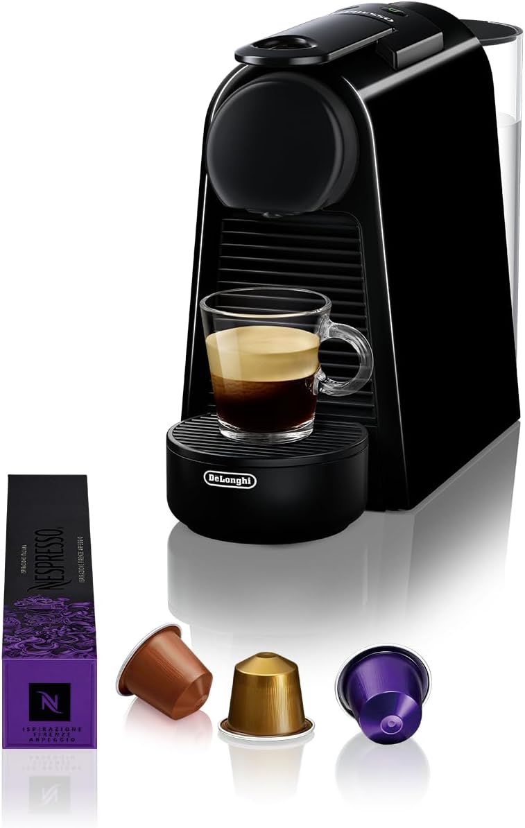 Nespresso De'Longhi EN 85.B Essenza Mini Macchina da Caffè a Capsule,Welcome Set con Capsule Assortite in Diversi Gusti,Pressione Pompa 19 bar,Design Salvaspazio,1370W,0.6 L,32.5 x 11 x 20.5 cm,Nero