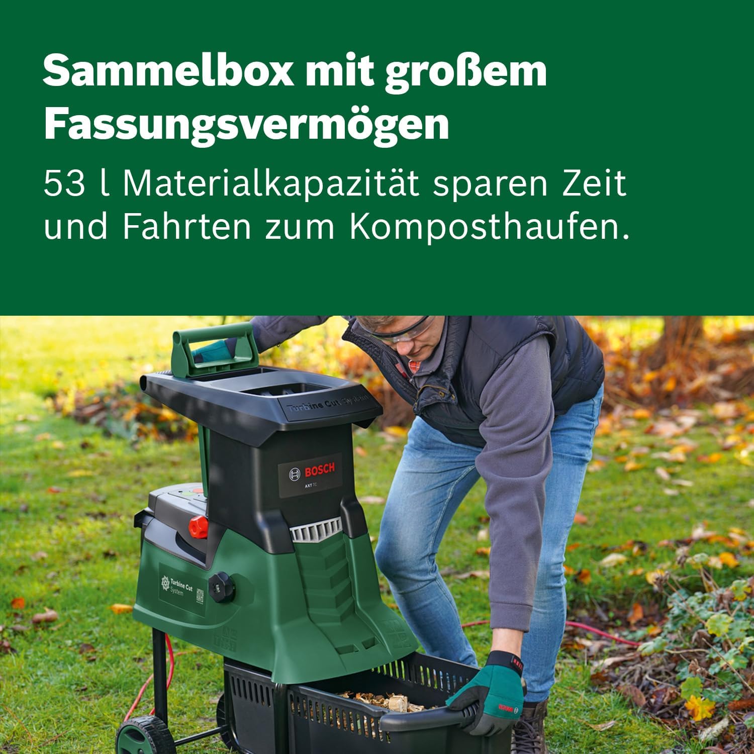 Bosch Trituratore a turbina AXT 25 TC (2.500 W; adatto per legno e residui di giardinaggio duri; include guanti da giardinaggio; contenitore di raccolta integrato da 53 l; in cartone) – Edizione