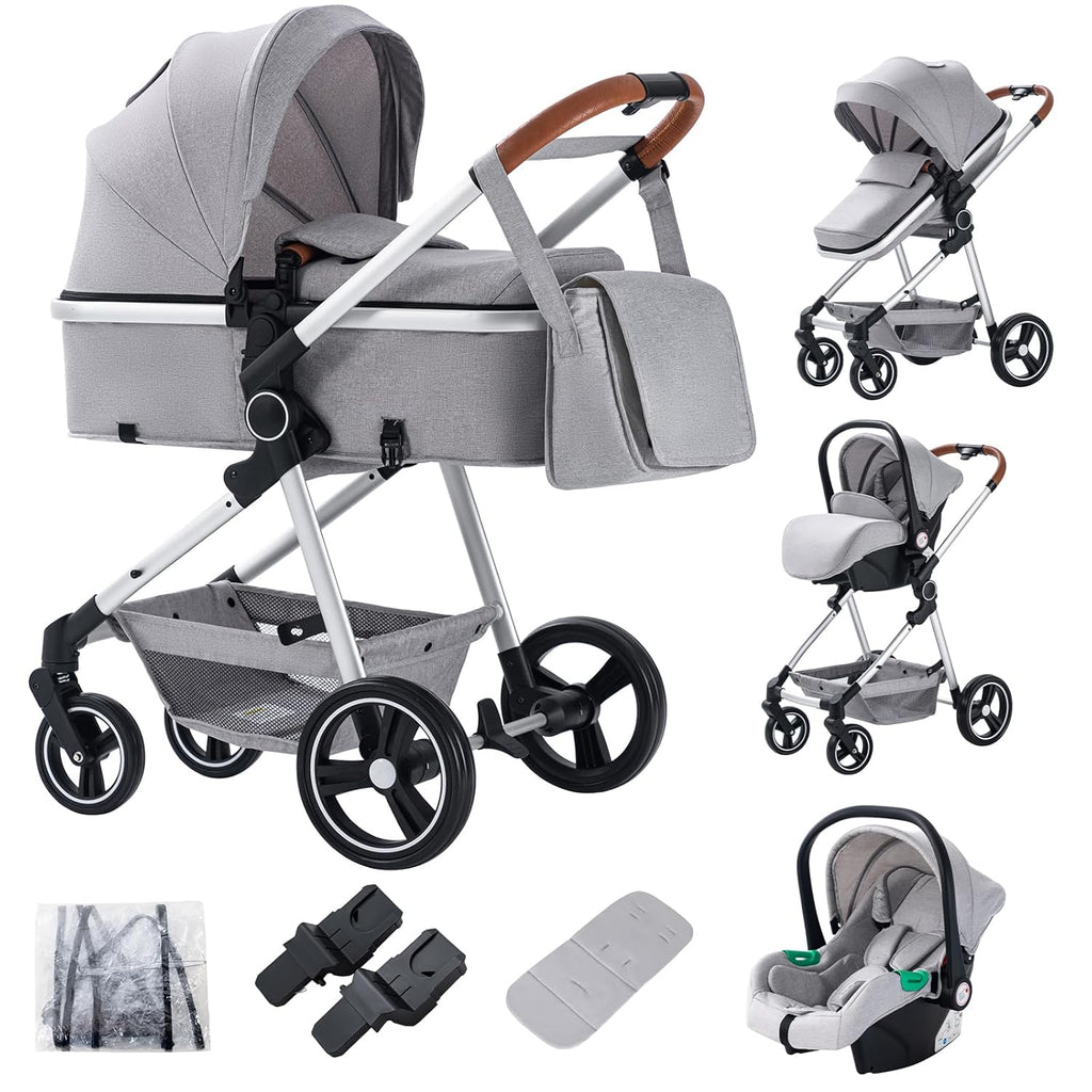 Passeggino 3 in 1 Zkiprm, portatile con seggiolino auto, 3 modalità convertibili, telaio in alluminio di alta qualità, alta visibilità, passeggino leggero, grigio