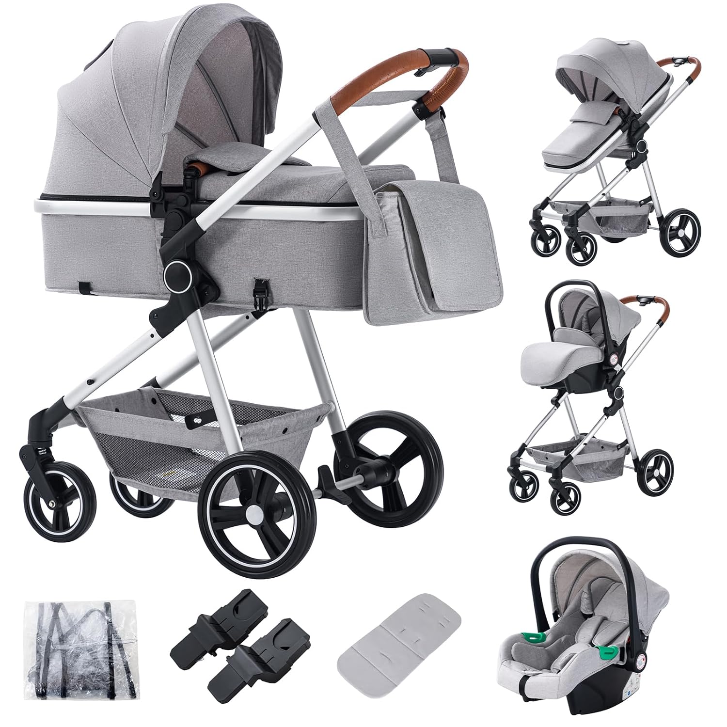 Passeggino 3 in 1 Zkiprm, portatile con seggiolino auto, 3 modalità convertibili, telaio in alluminio di alta qualità, alta visibilità, passeggino leggero, grigio