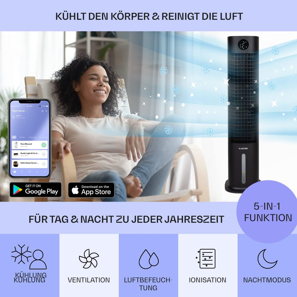 Klarstein Raffreddatore d'aria con Raffreddamento ad acqua, Raffrescatore Evaporativo 5 in 1, Umidificatore, Ventilatore e Purificatore d'aria, Raffreddatore d'aria Portatile con Controllo App, 80W, Flusso d'aria 462m³/h, Bianco