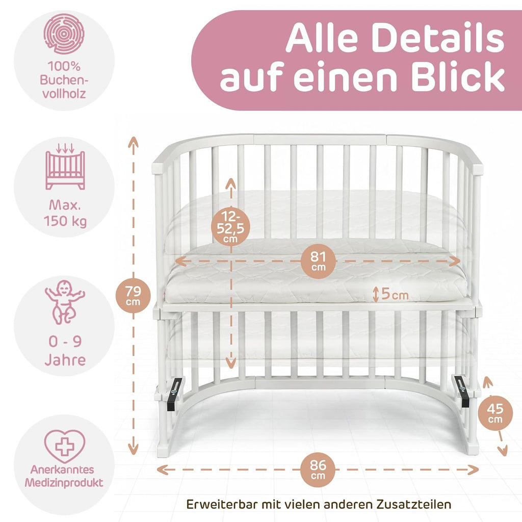 babybay Original Lettino da affiancare in massello di faggio / compatto e trasformabile / Altezza regolabile senza livelli preimpostati ed ecologico / Lettino evolutivo (laccato bianco) / Materasso incluso