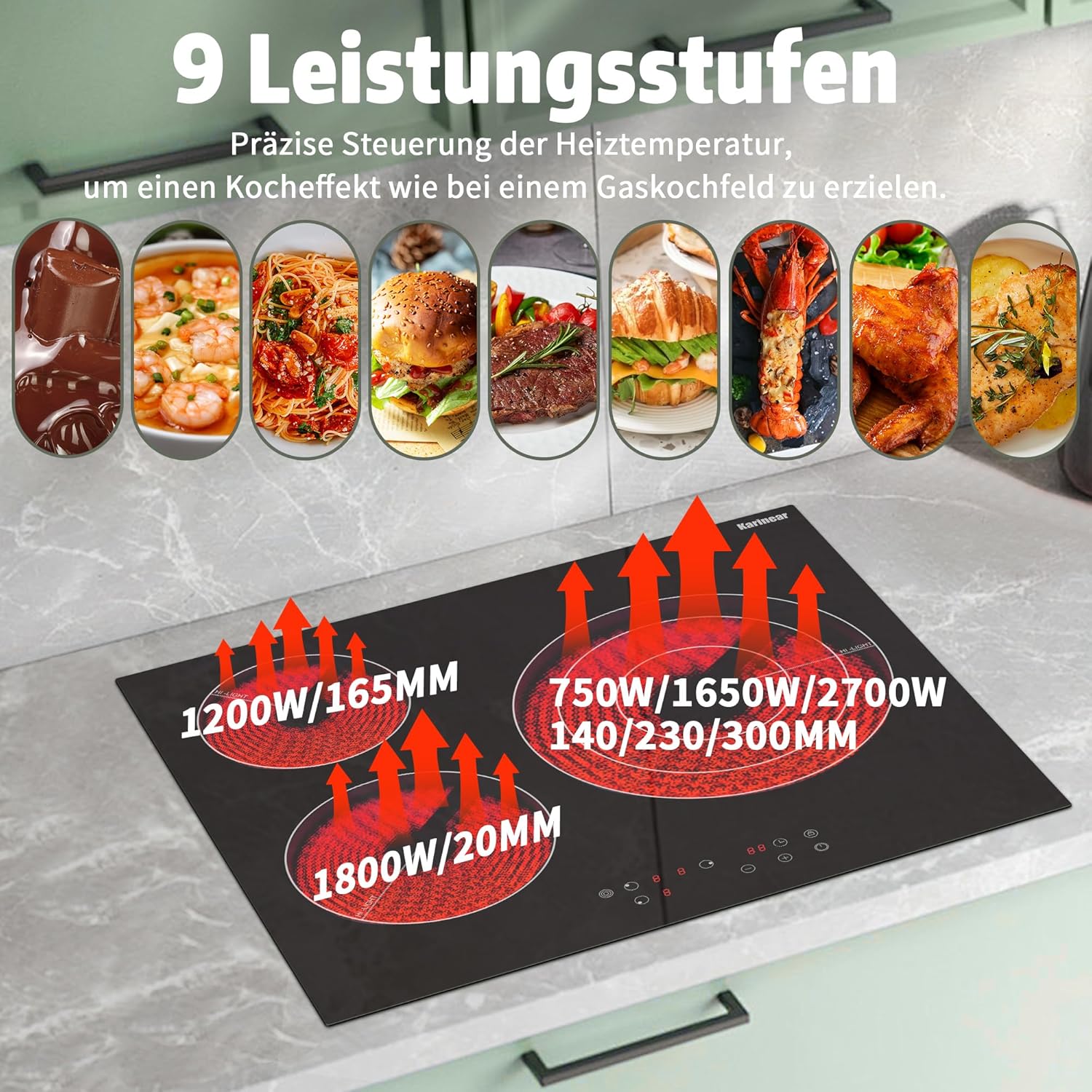 Karinear Einbau-Kochfeld aus Glaskeramik, 4 Kochfelder, mit doppelter ausziehbarer Zone, integrierter elektrischer Tisch mit Touch-Steuerung, Timer, Verriegelung für Kinder, 6600 W