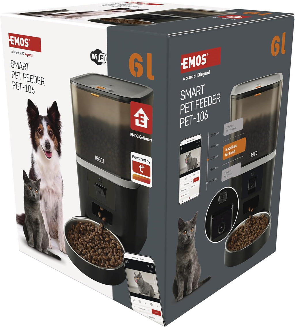 EMOS - GoSmart Futterautomat 6 l mit Kamera - WLAN Pet Care Futterspender mit App - Trockenfutter Automat für Katze & Hund mit Zeitplan, Sprachaufzeichnung, Dosierung 1–12 Mahlzeiten pro Tag - Schwarz
