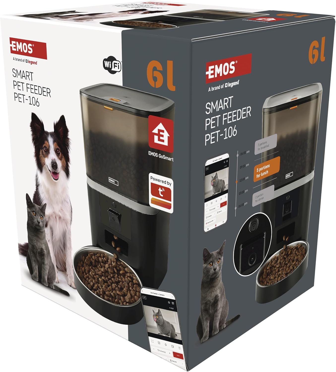 EMOS - GoSmart Futterautomat 6 l mit Kamera - WLAN Pet Care Futterspender mit App - Trockenfutter Automat für Katze & Hund mit Zeitplan, Sprachaufzeichnung, Dosierung 1–12 Mahlzeiten pro Tag - Schwarz