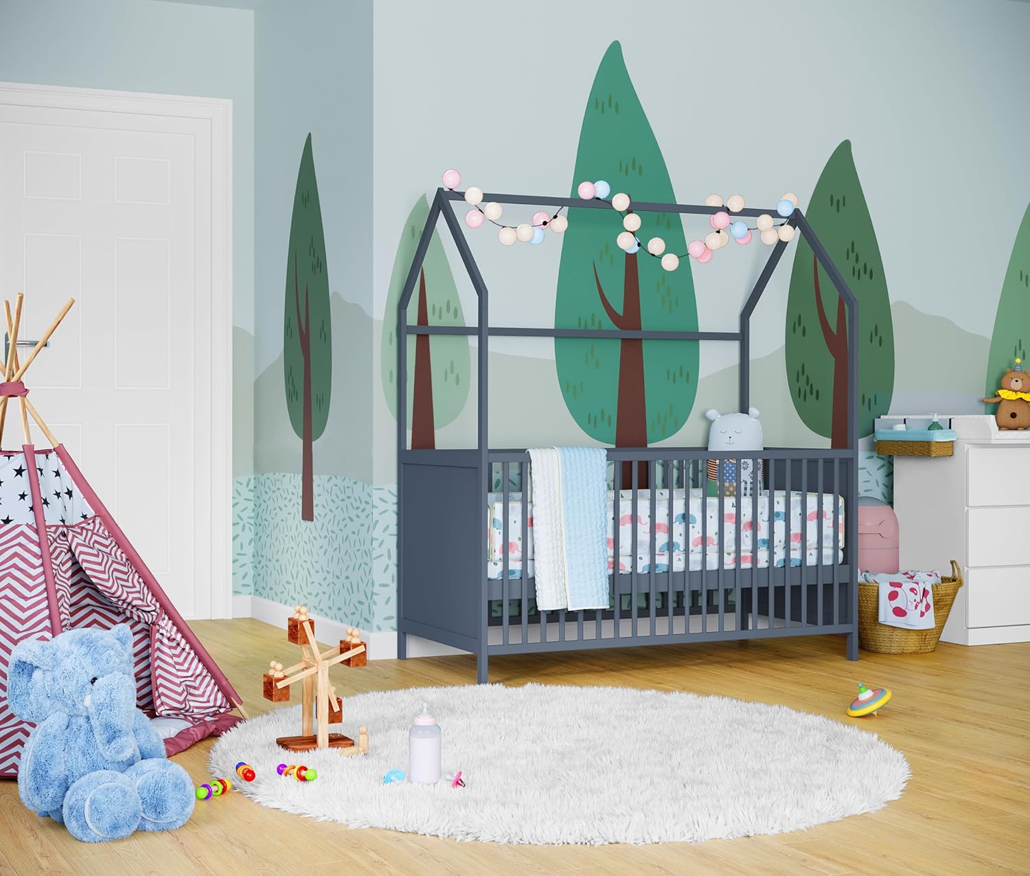 Bellabino Nika Lettino a capanna 70 x 140 cm, letto con sbarre e lettino a capanna per bambini e neonati in pino massiccio bianco, regolabile in altezza su 3 posizioni, incl. rete a doghe