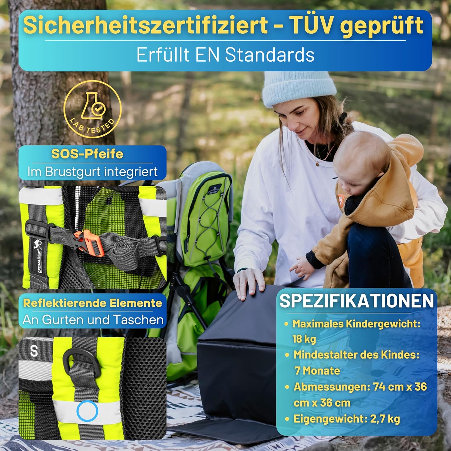 Dromader Kraxe Kindertrage bis 22kg – Kindertrage Wandern mit Sonnendach, Regenschutz, Thermotasche, Wickelmatte – Einhändig klappbare Rahmen – Blau