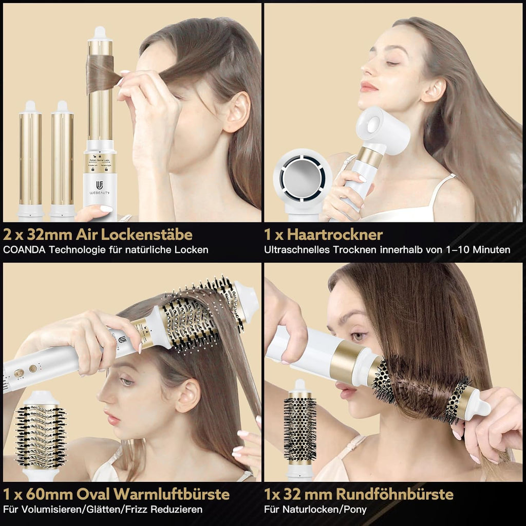 webeauty Asciugacapelli 5 in 1, 110.000 giri/min, 20 m/s, Asciugacapelli brushless ad alta velocità con 200 milioni di ioni negativi con spazzola ad aria calda e arricciacapelli ad aria, Bianco