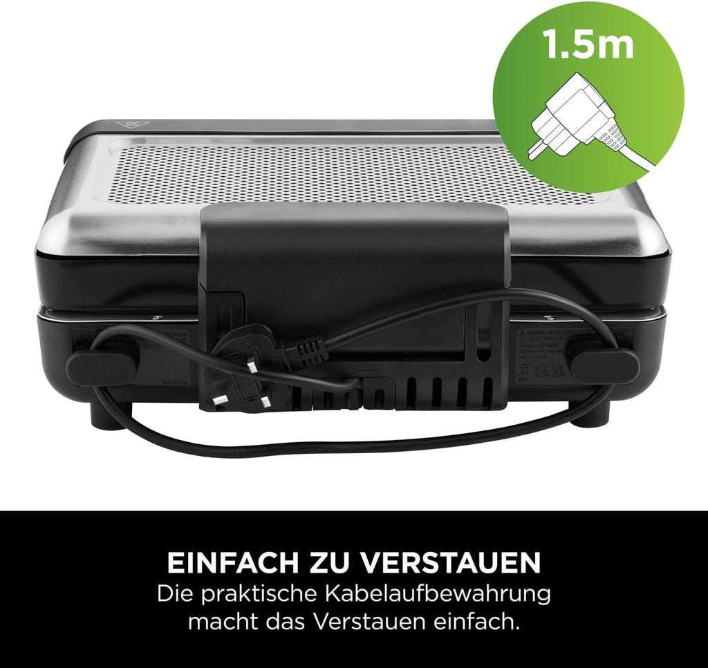 Ninja Sizzle Grill da Interno e Plancha Elettrico (Piastra Piana) con Piastra Antiaderente, Coperchio Rimovibile e Lavabile in Lavastoviglie, Vaschetta Raccogligocce, Regolatore di Temperatura e Ricettario, Grigio GR101EU