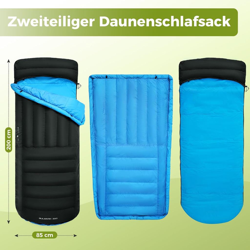 ATEPA Daunen Schlafsack Winter mit abnehmbare Decke, daunen Schlafsack XXL für 3-4 Jahreszeiten mit mattenbefestigung, Fußkasten, Zwei-Wege-Reißverschluss, Camping Outdoor