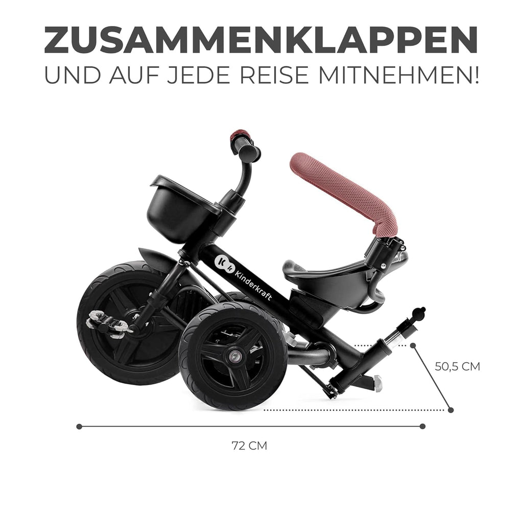 Kinderkraft AVEO Dreirad ab 9 Monate bis 25 kg, Kinderdreirad mit schubstange, Kompakte zusammenklappen, drehbarer Sitz, ausklappbarem Verdeck mit sonnenschutz, Getränkehalter korb im set, Rosa