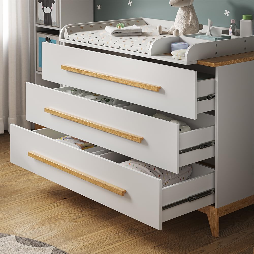 VitaliSpa Fasciatoio Malia, bianco/rovere, 133 x 98 cm XL con 3 cassetti