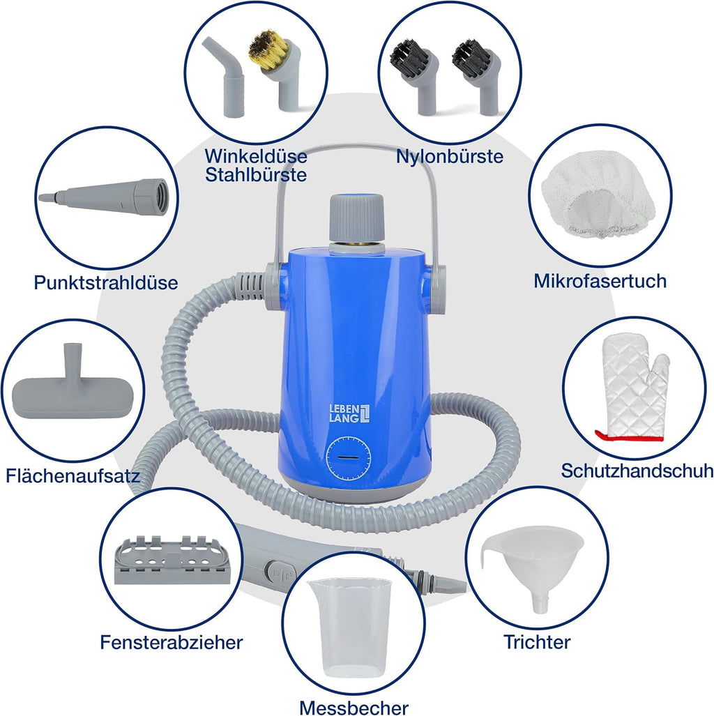 LEBENLANG Pulitore a vapore elettrico portatile, 1000W e 300ml, con 10 accessori | Pulitore a vapore portatile, pulitore a vapore per auto, fughe, per bagno, piastrelle e fughe, dispositivi, tappezzeria