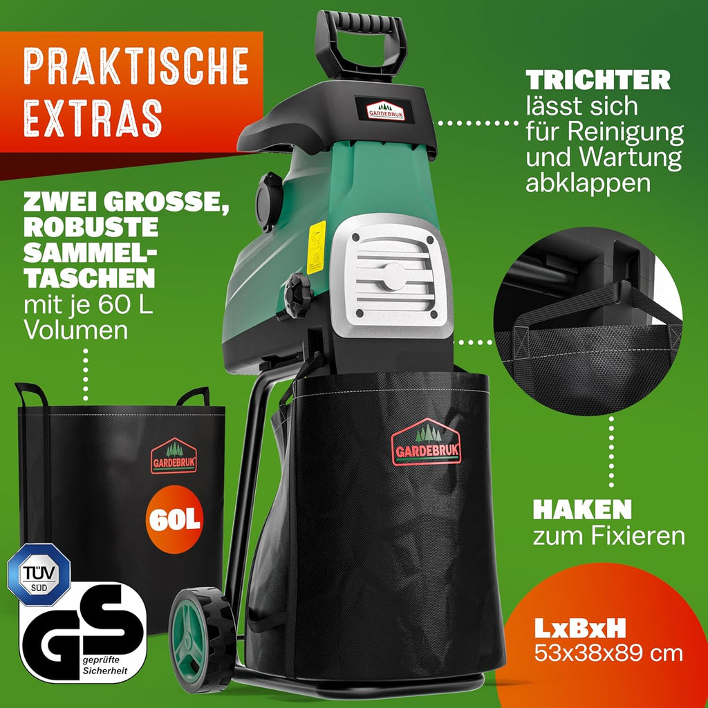 Gardebruk® Leisehäcksler 3100 W max. 44 mm Aststärke Elektrisch 2 x 60 L Auffangbeutel Gartenhäcksler Walzenhäcksler Schredder Häcksler