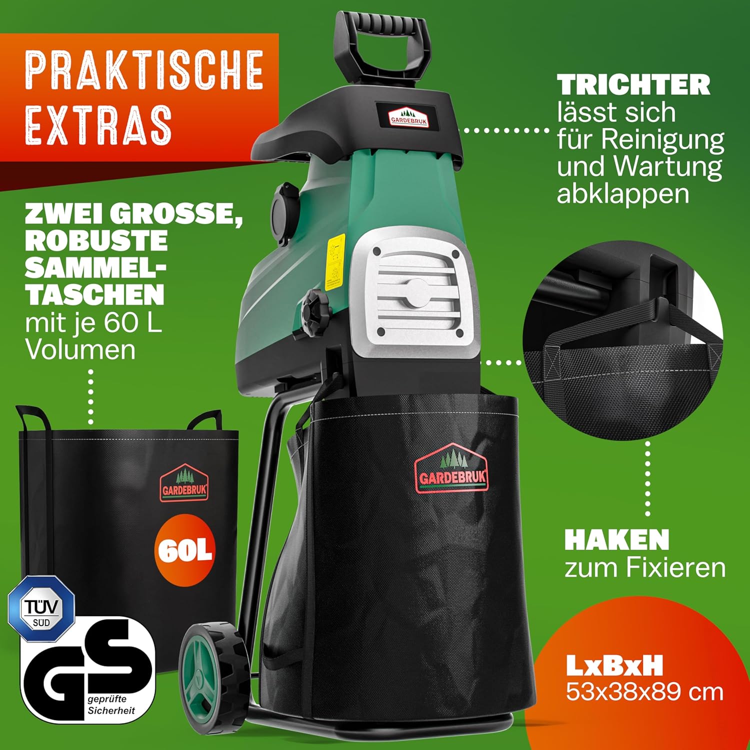 Gardebruk® Leisehäcksler 3100 W max. 44 mm Aststärke Elektrisch 2 x 60 L Auffangbeutel Gartenhäcksler Walzenhäcksler Schredder Häcksler