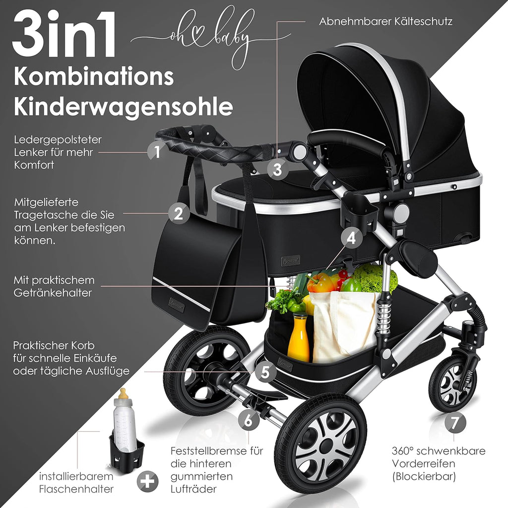 KESSER Passeggino trio Loops 3 in 1, set completo con navicella, seduta sportiva e seggiolino auto con pneumatici in gomma piena, borsa fasciatoio, parapioggia, tavolino, ECE R129, nero/champagne