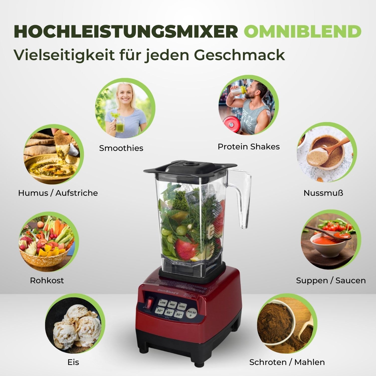 OmniBlend Smoothie Maker 2L in schwarz I Smoothie Mixer inkl. BPA-freiem Behlter & 6-Klingen-System aus Edelstahl I Mixer Smoothie Maker ideal für grüne Smoothies I Standmixer mit 3 PS Motor