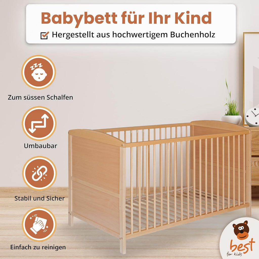 Best for Home - Baby Bett | Babybett 70x140 cm in Weiß und Braunfarbe | Junior Babybett Umbaubar | Cot ohne Matratze | Weiß Komplett Set Bebek Yatagi & Baby Cot | Babybett für Mädchen und Jungen
