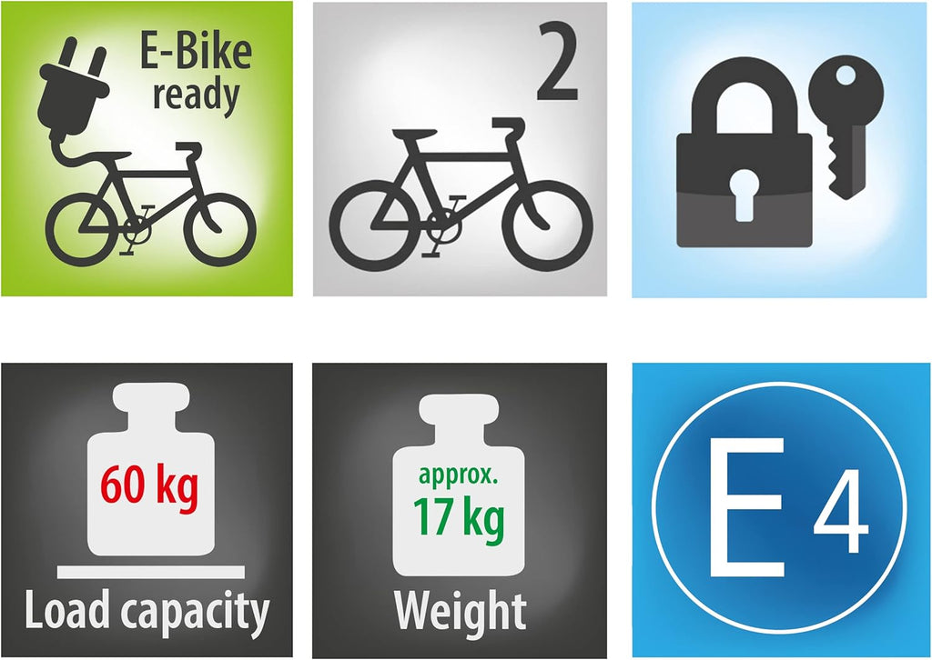 EUFAB 12010LAS Portabici POKER-F, adatto per E-Bike, completamente preassemblato, antifurto, per 2 biciclette, per gancio di traino, Nero, 142 x 70 x 58 cm