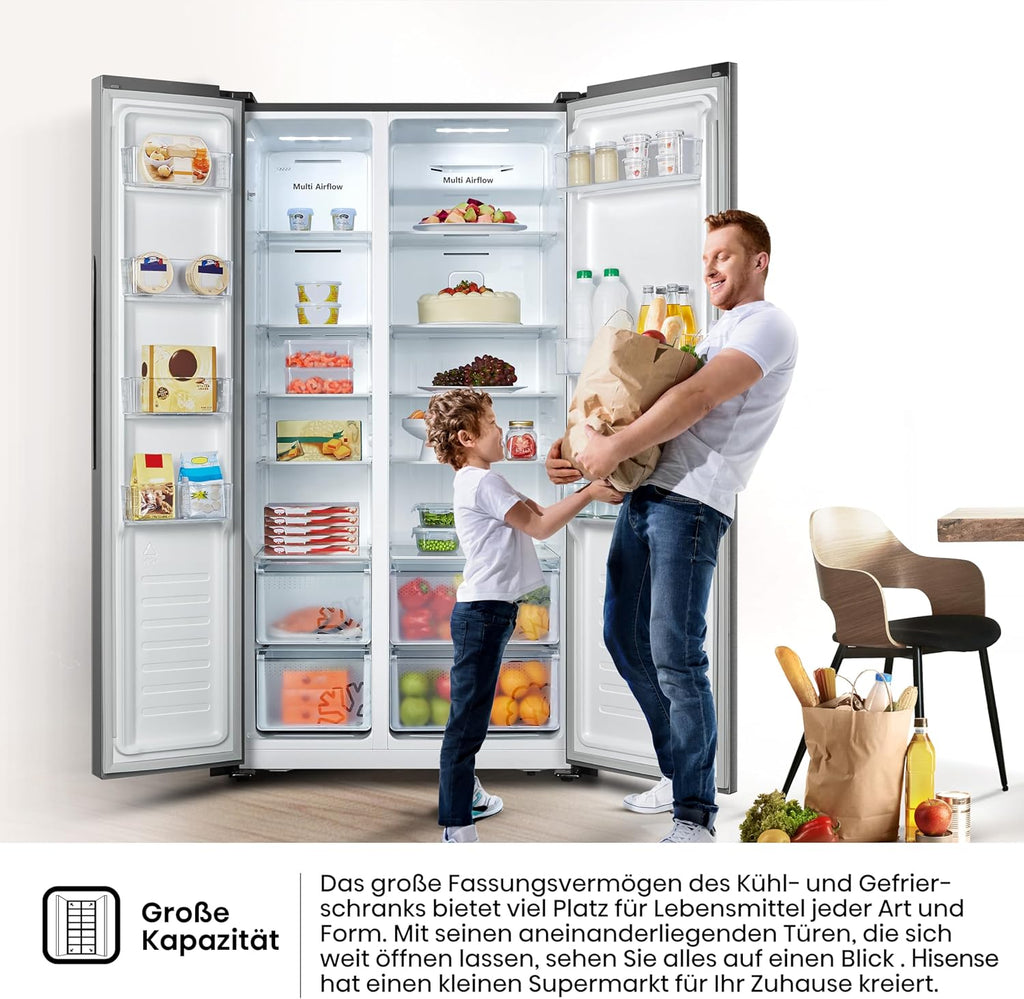 Hisense RS677N4BFD Frigorifero Americano Side by Side / Compressore Inverter / Porta Bottiglie / 2 FreshZone / Vano Verdure / Capacità Frigo 334 L / Capacità Congelatore 185 L / 41 dB / 247 kWh all'anno, Nero