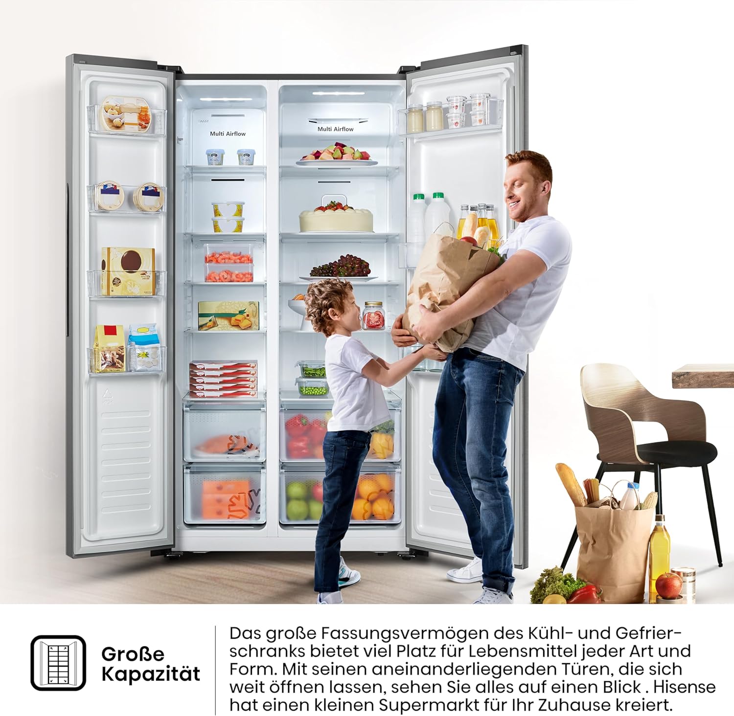 Hisense RS677N4BFD Frigorifero Americano Side by Side / Compressore Inverter / Porta Bottiglie / 2 FreshZone / Vano Verdure / Capacità Frigo 334 L / Capacità Congelatore 185 L / 41 dB / 247 kWh all'anno, Nero