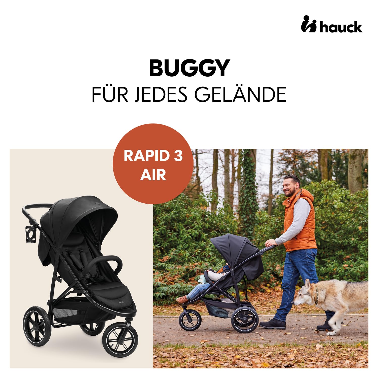 hauck Buggy Rapid 3 Air für Kinder bis 22 kg, Lufträder, Federung, Klein Zusammenklappbar, UV-Schutz 50+, mit Schlaffunktion ab Geburt, Höhenverstellbarer Schieber, Großer Korb bis 3 kg (Black)
