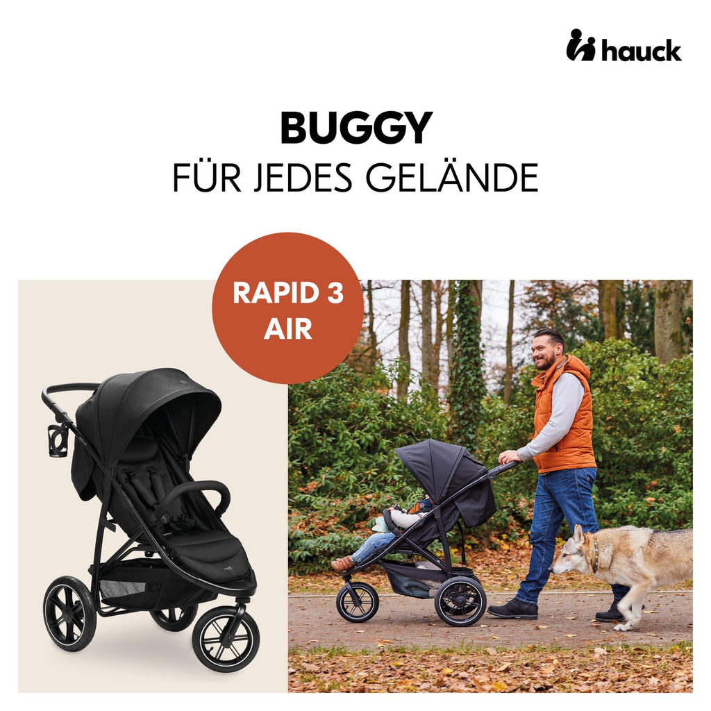 hauck Buggy Rapid 3 Air für Kinder bis 22 kg, Lufträder, Federung, Klein Zusammenklappbar, UV-Schutz 50+, mit Schlaffunktion ab Geburt, Höhenverstellbarer Schieber, Großer Korb bis 3 kg (Black)