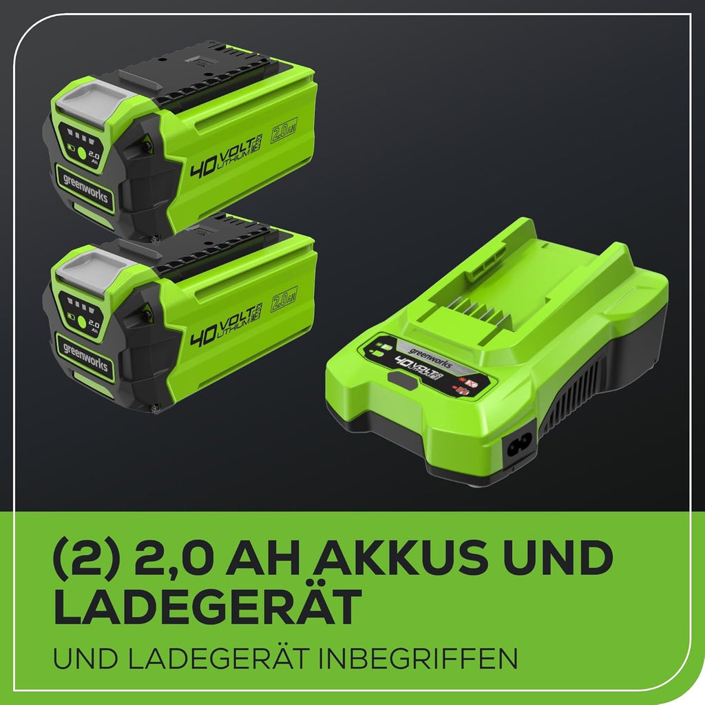 Greenworks 40V Akku Rasentrimmer für mittelgroße Gärten, höhenverstellbar, 30 cm Schnittbreite, automatischer Vorschub 1,65 mm Nylon Faden, zwei 40V 2Ah Akkus & Ladegerät, 3 Jahre Garantie G40LTK2X