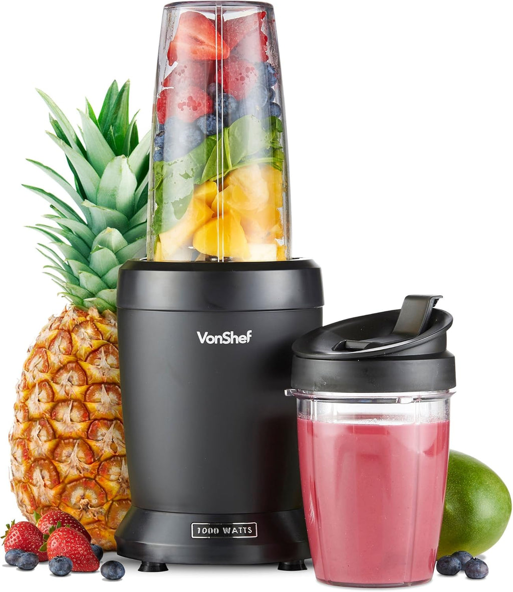 VonShef Frullatore Mixer per Smoothie – Frullatore per Frutta, Verdura e Ghiaccio Tritato, 1000 W/ 500 ml & 800 ml – Frullatore Portatile con Tazza da Viaggio – Mini Mixer con 1 Pulsante - Nero