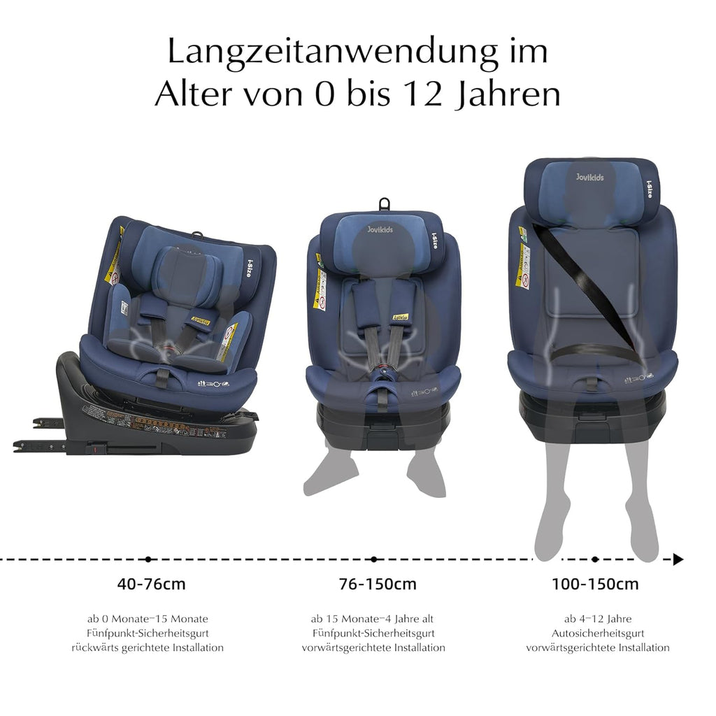 Jovikids 360° Drehbar Kindersitz mit ISOFIX und Ruheposition, i-Size(ECE R129) 40-150cm(0-36kg) Reboarder Baby Autositz, ab Geburt -12 Jahre (schwarz)