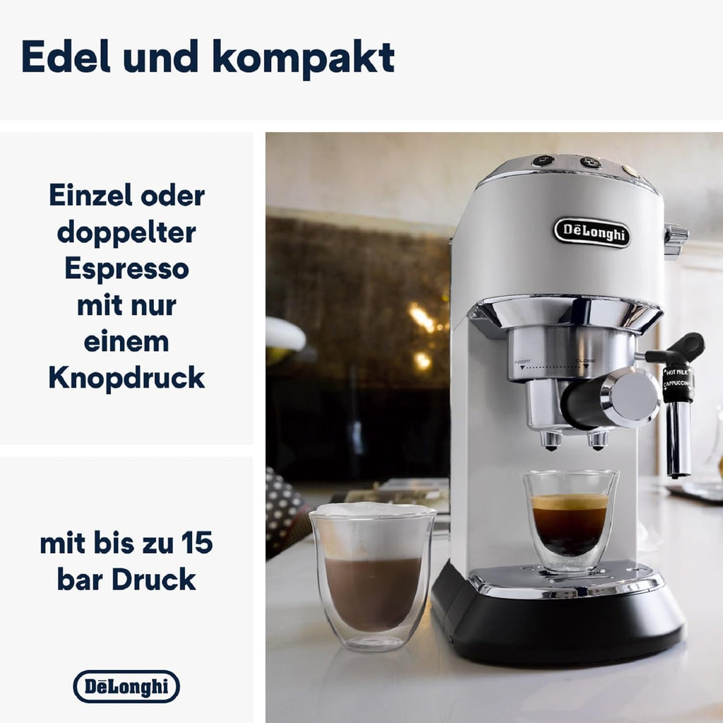De'Longhi Dedica Style EC 685.M – Macchina da caffè espresso con portafiltro, con montalatte professionale, larga solo 15 cm, per caffè in polvere o cialde ESE, serbatoio dell'acqua da 1 l, argento