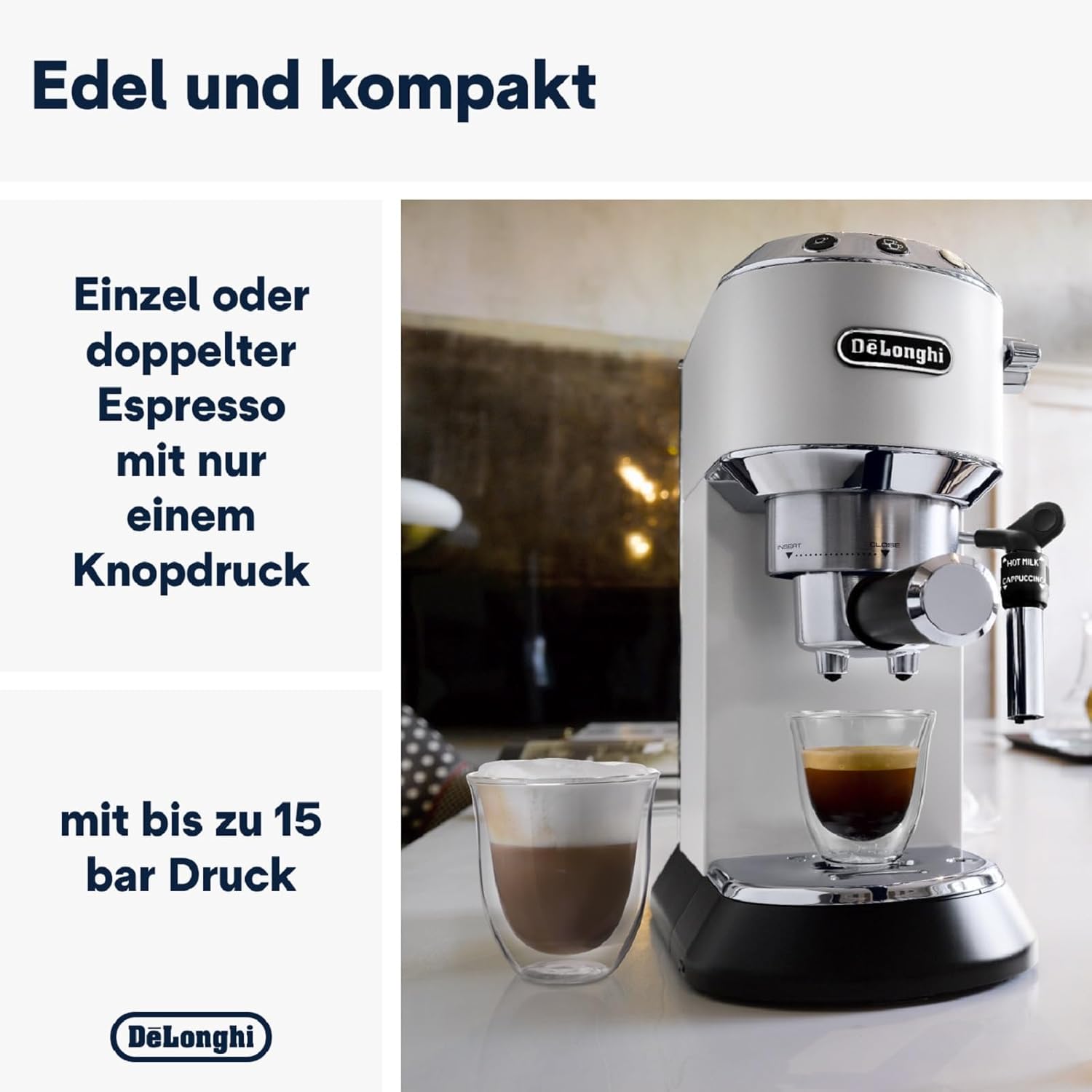 De'Longhi Dedica Style EC 685.M – Macchina da caffè espresso con portafiltro, con montalatte professionale, larga solo 15 cm, per caffè in polvere o cialde ESE, serbatoio dell'acqua da 1 l, argento