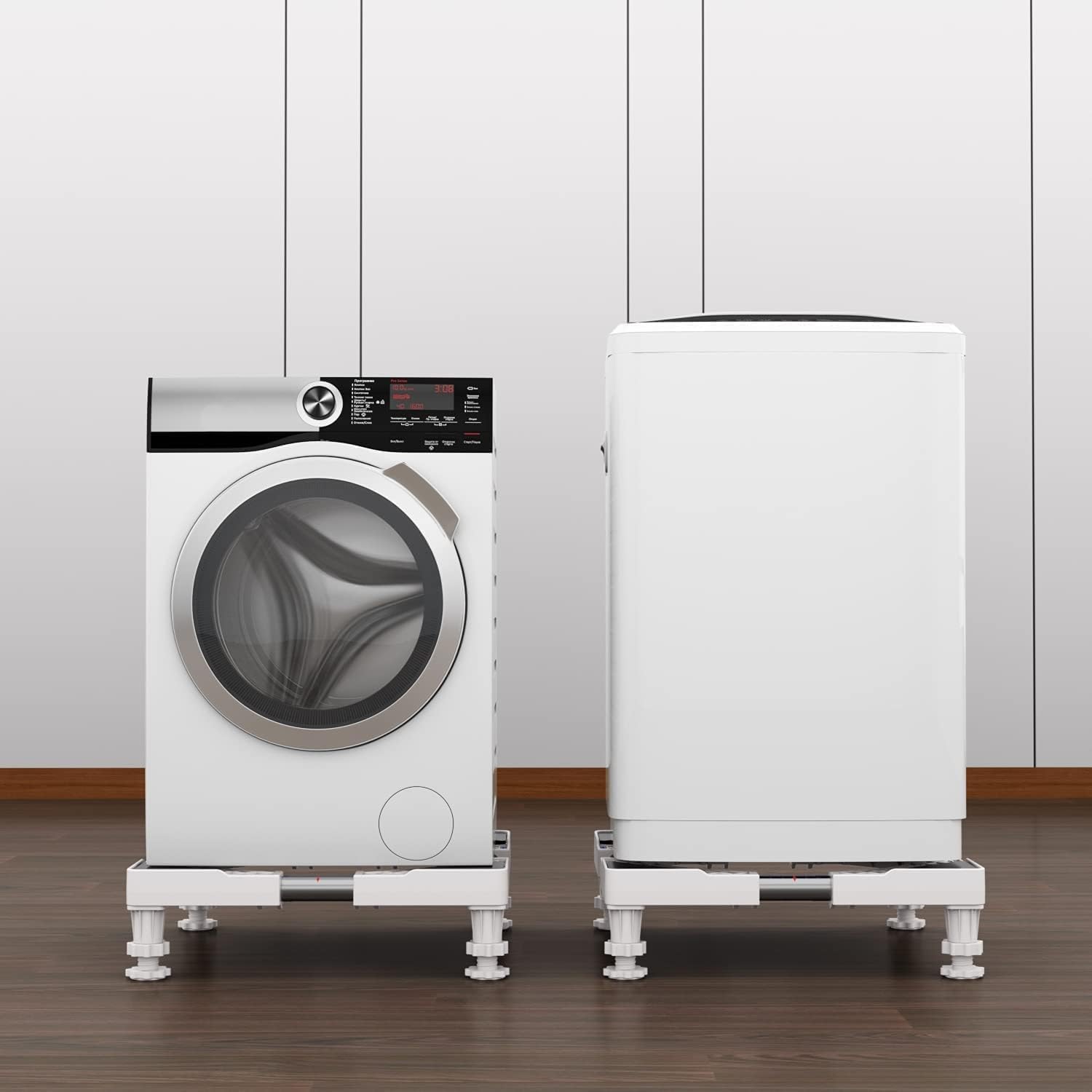 DEWEL Base Regolabile per Lavatrice, Carico Massimo 300KG, Supporto Piedistallo per Asciugatrice, Frigorifero, Congelatore, Larghezza 45-65cm, Altezza 18–22cm, Bianco