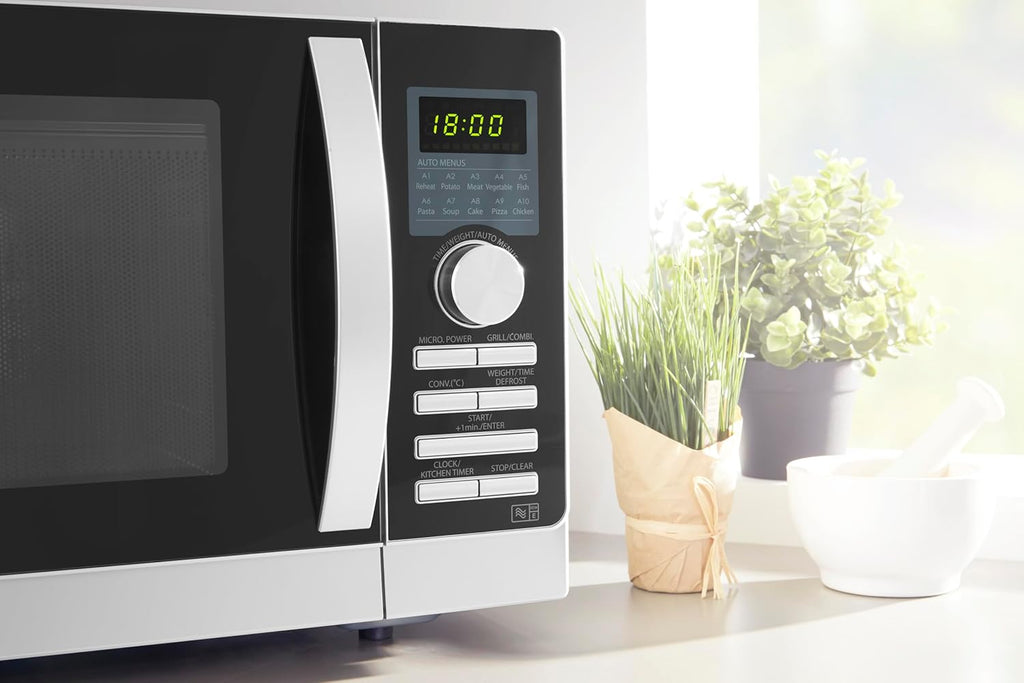 Sharp R843INW Forno a microonde 4 in 1 con aria calda, grill e convezione/ 25 L/ 800 W/ grill a infrarossi 1000 W/ convezione 2500 W/ 10 programmi automatici/ programma pizza/ piatto girevole in metallo (30 cm)/ argento