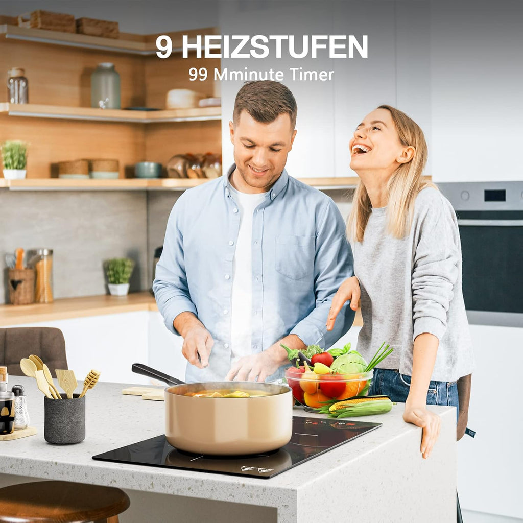 IsEasy 4 Zonen Einbau Induktionskochfeld mit 9 Leistungsstufen &1-99Min Timer, Boost-Funktion, Induktionskochplatte, Induktion Herdplatte mit 4 Platten, 60cm, 6800W, Schwarz