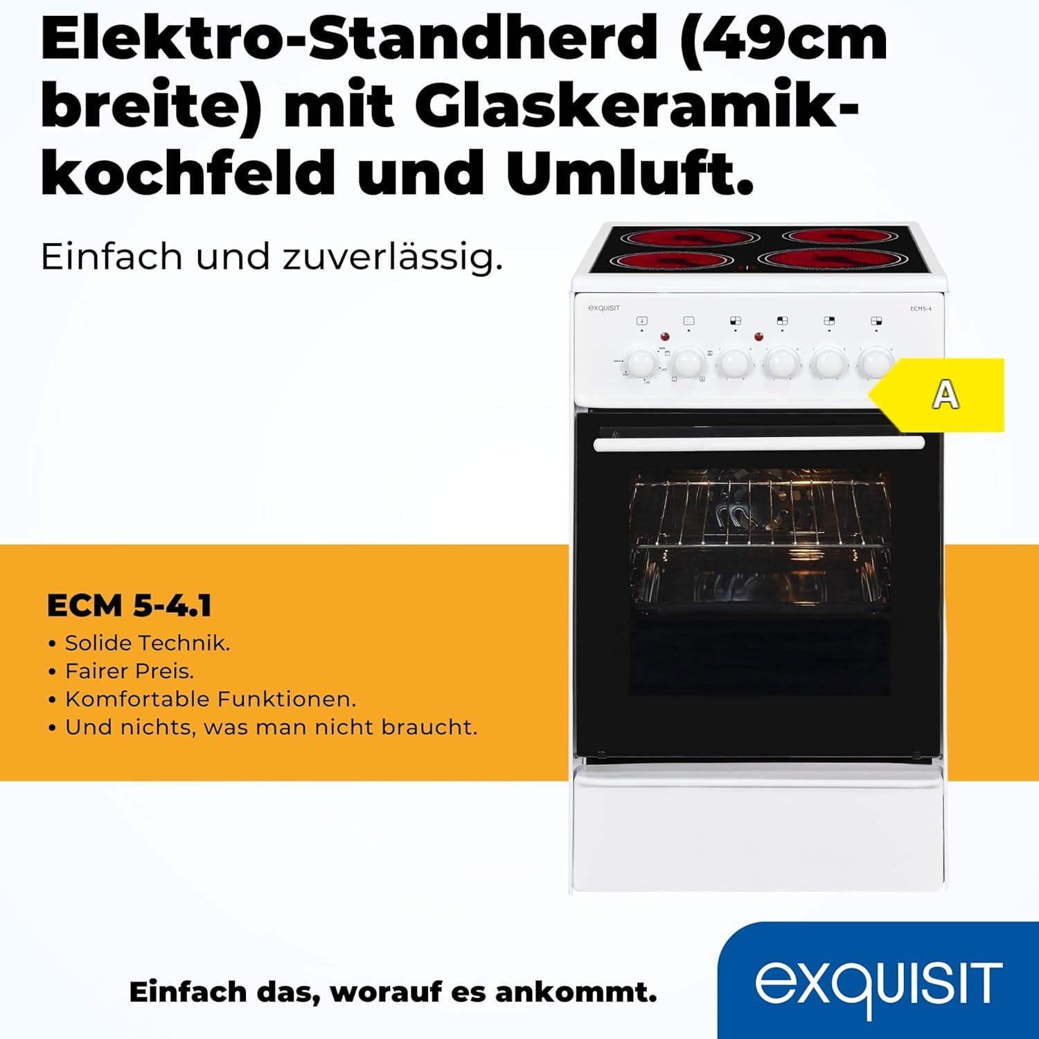 Cucina autonoma squisita, Cucina autonoma larghezza 50 cm, Piano cottura a piastre, Facile da usare, Vano cottura 48 l, Cucina elettrica 50 cm, EH9-3-090 bianca