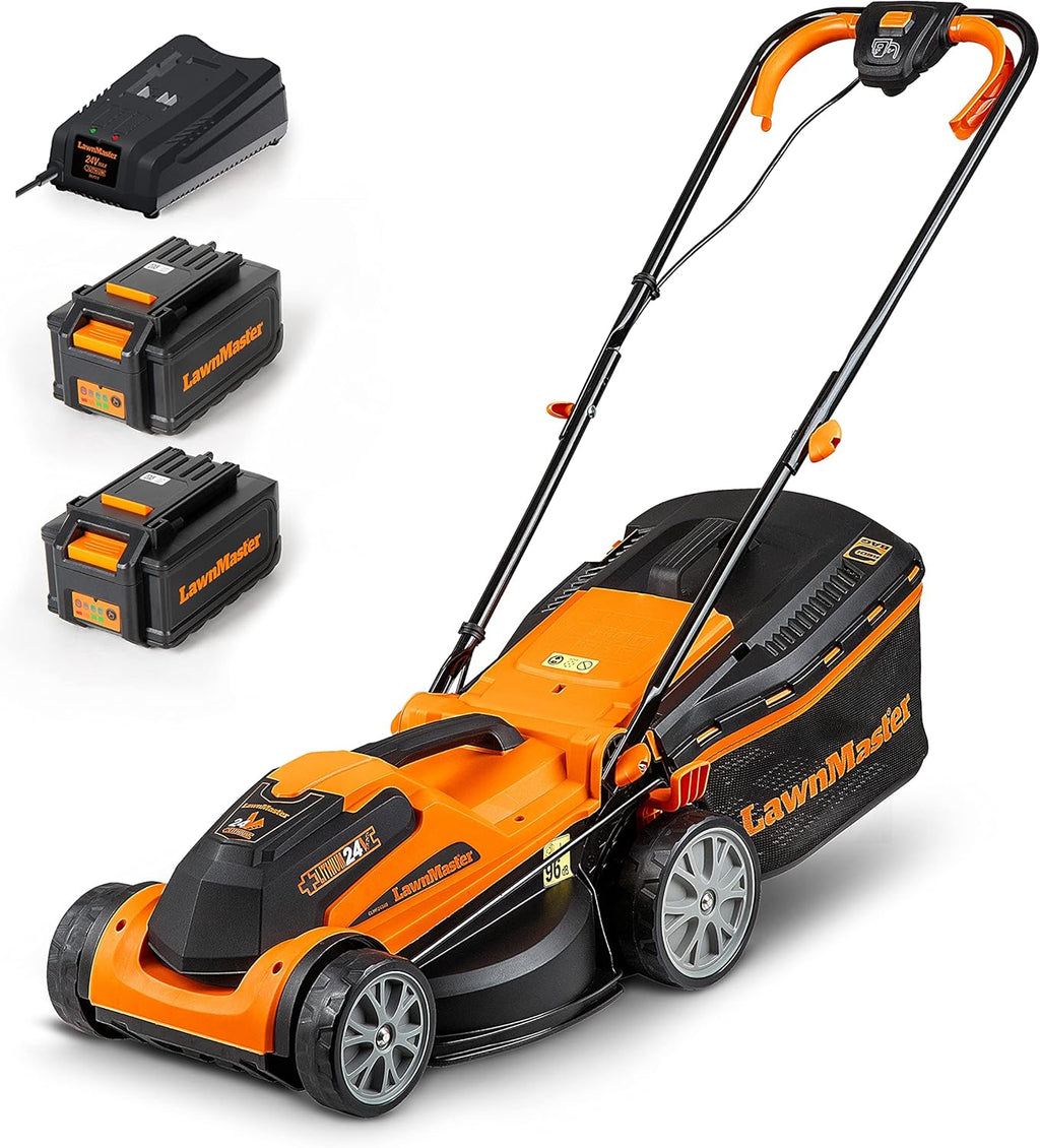 Tagliaerba a batteria LawnMaster CLMF2434G 24V max 2x4.0Ah, 34cm, 300m² pacciamatura 32L, regolazione altezza di taglio a 6 livelli 20-70mm