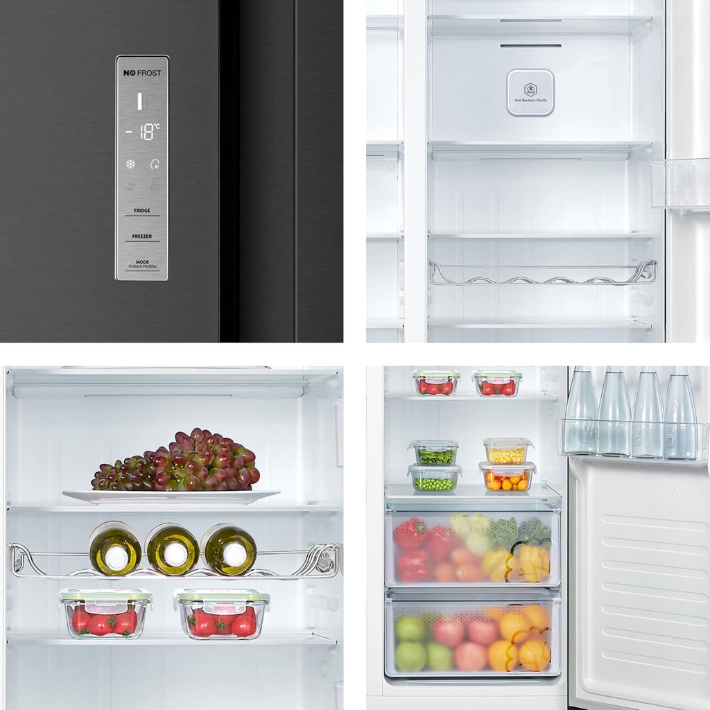 Hisense RS677N4BFD Frigorifero Americano Side by Side / Compressore Inverter / Porta Bottiglie / 2 FreshZone / Vano Verdure / Capacità Frigo 334 L / Capacità Congelatore 185 L / 41 dB / 247 kWh all'anno, Nero