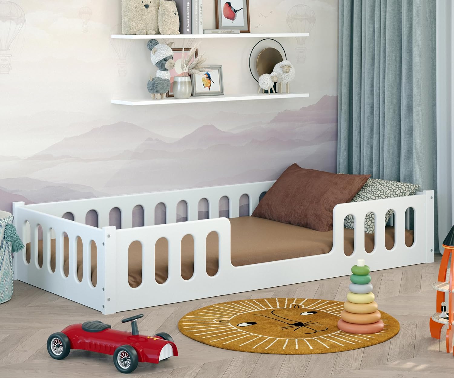 CADANI Monte Letto a terra 2in1 140x200 cm Lettino Montessori con sponda di protezione rimovibile - bianco, 46 kg, portata fino a 200 kg, rete a doghe arrotolabile extra robusta, trasformabile