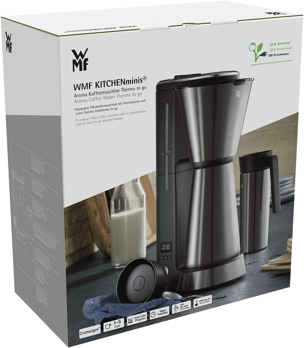 WMF Küchenminis Macchina da caffè con filtro Aroma, piccola, con caraffa termica, 870 Watt, tazza termica da asporto, macchina da caffè singola piccola con timer, cromargan opaco