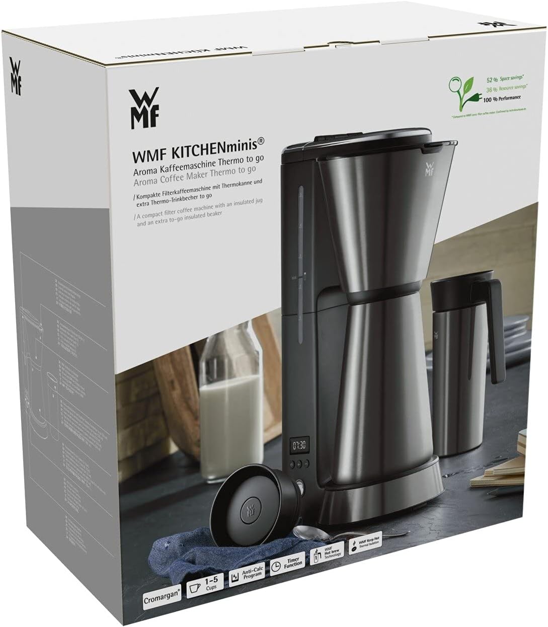 WMF Küchenminis Macchina da caffè con filtro Aroma, piccola, con caraffa termica, 870 Watt, tazza termica da asporto, macchina da caffè singola piccola con timer, cromargan opaco