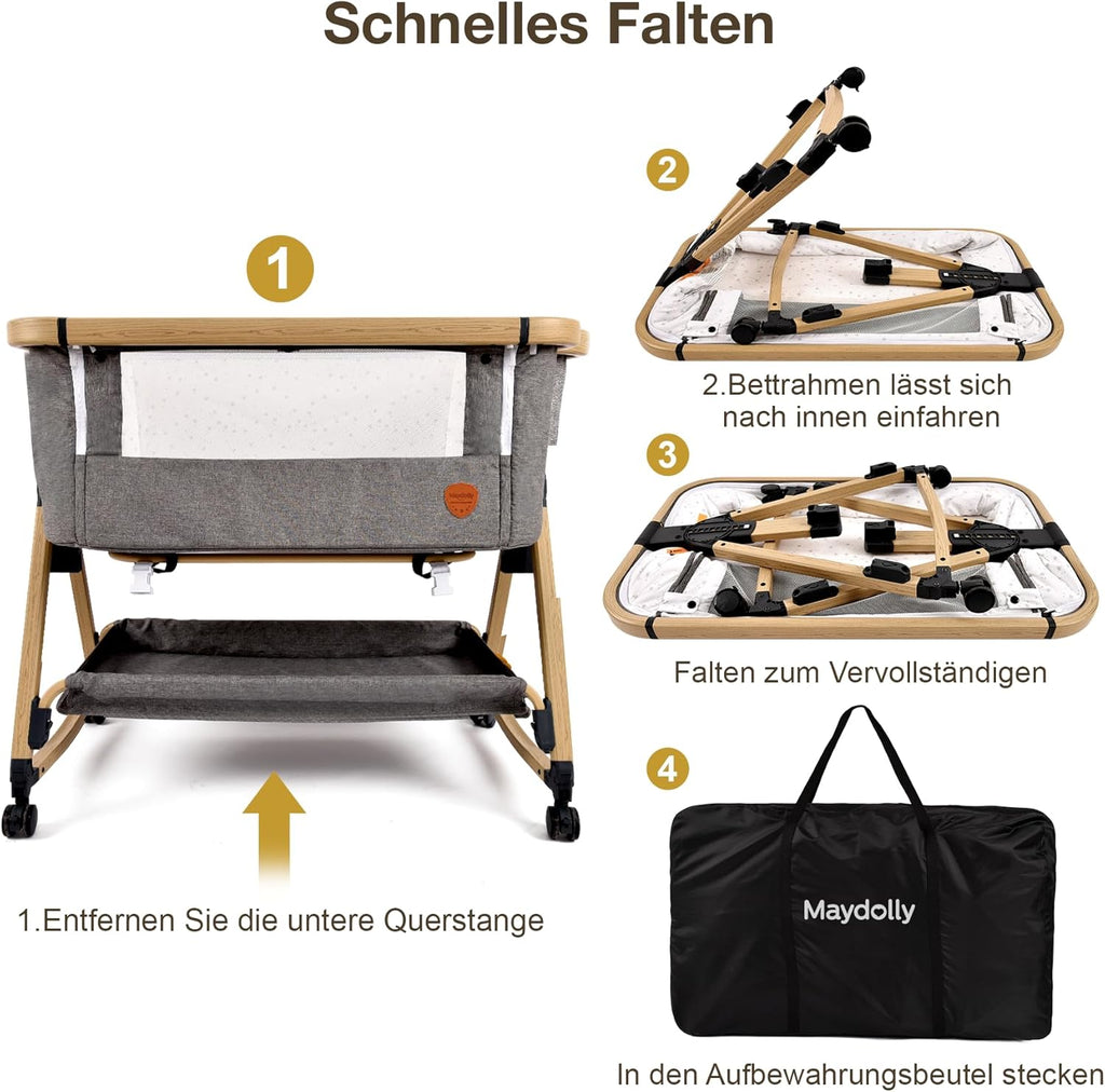 Maydolly Beistellbett 3 in1 Babybetten Tragbar Babybett mit atmungsaktivem Netz und Laken, Verstellbarer Stubenwagen Beistellbett Grau