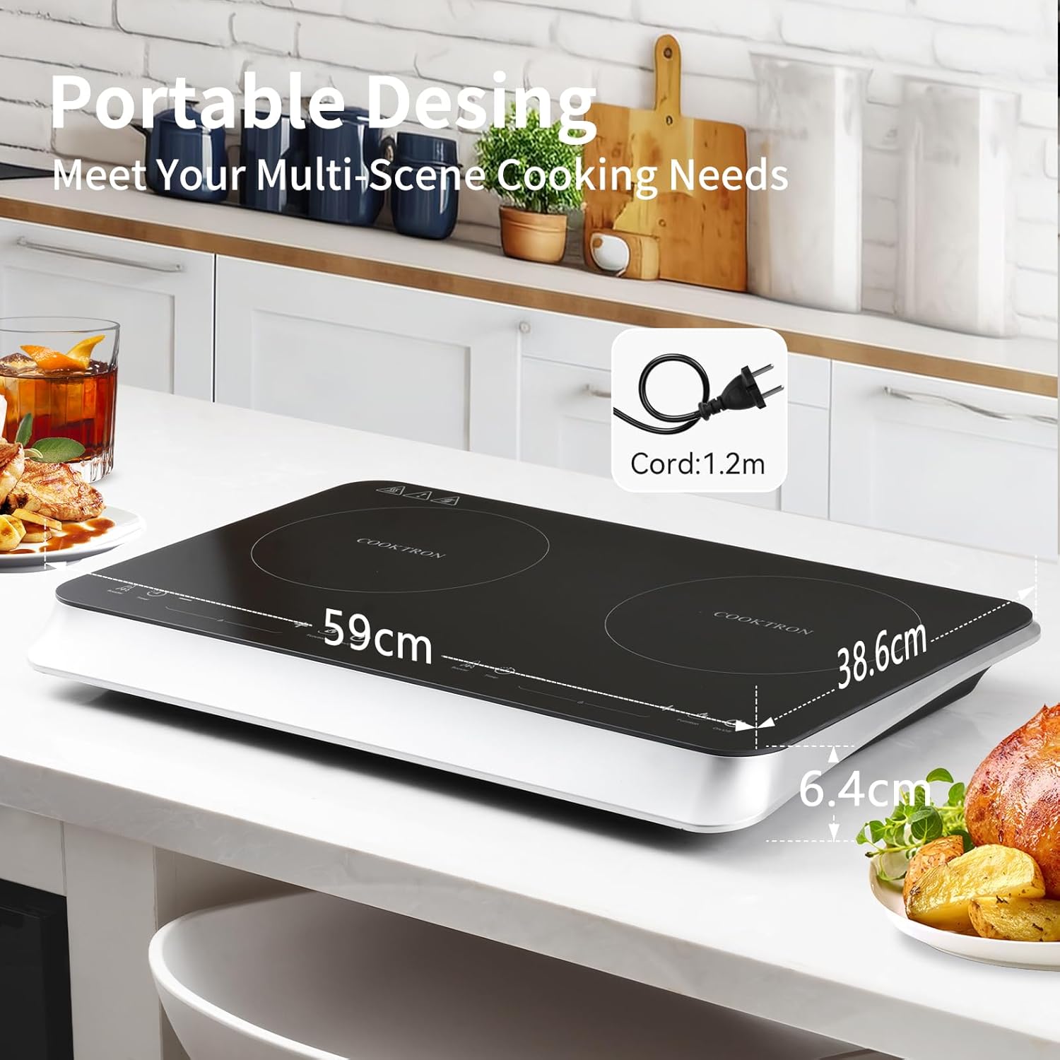 COOKTRON piano cottura a induzione a 2 fuochi, doppio piano cottura a induzione 3500W, 10 livelli di temperatura, 9 livelli di potenza, funzione Booster, timer di 4 ore, controllo touch, Nero