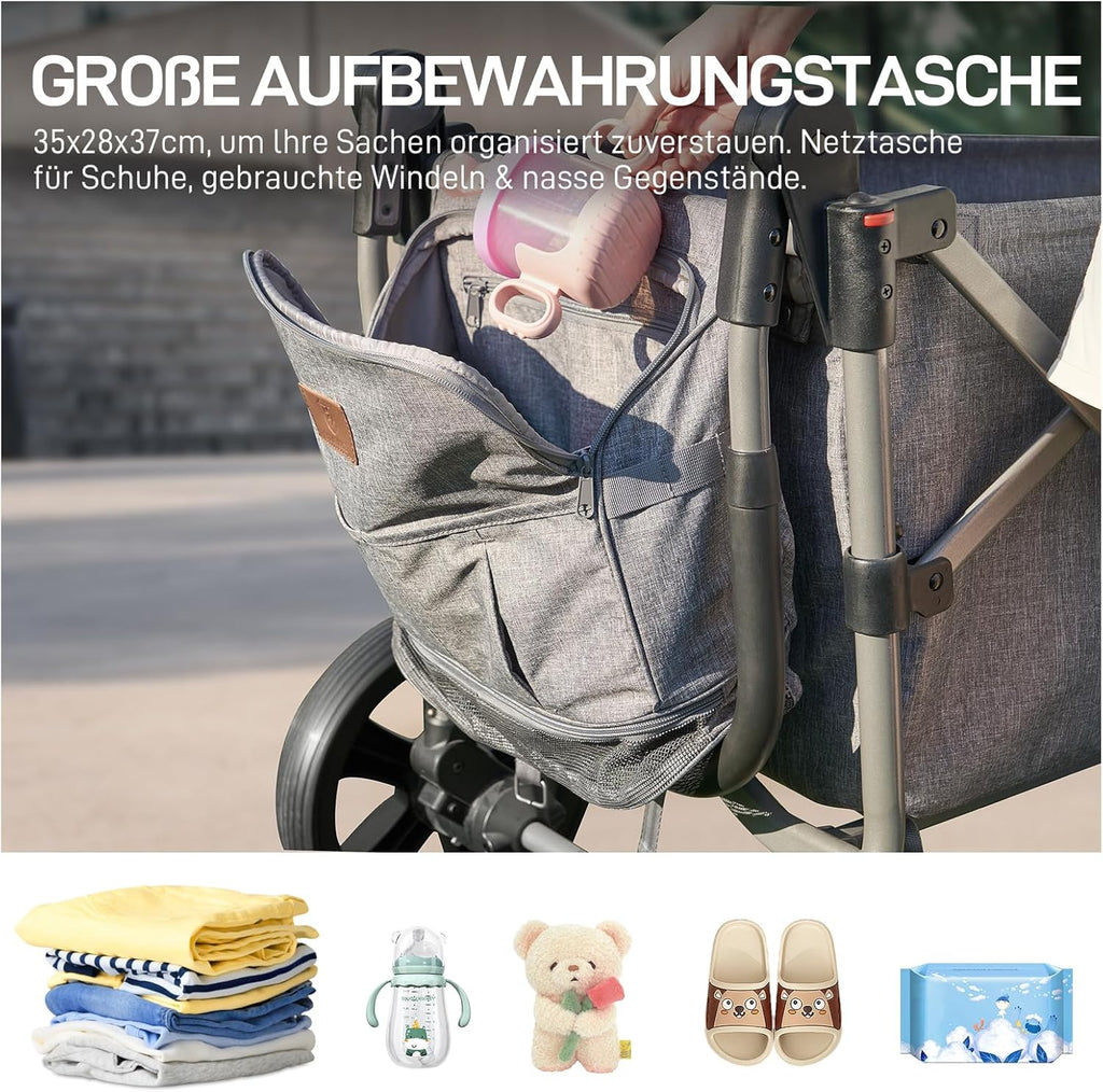 EVER ADVANCED Carretto per 2 bambini pieghevole con tetto, passeggino con cinture di sicurezza a 5 punti, zaino fasciatoio, carretto con sedile, carrello di trasporto, spinta e trazione, freno a pedale