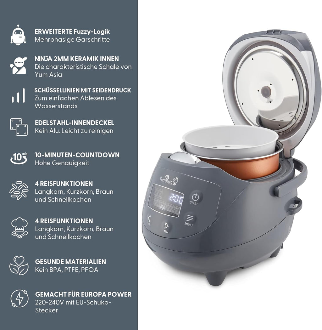 Yum Asia Panda Mini-Reiskocher mit Ninja-Keramikschüssel und Advanced Fuzzy Logic (3,5 Tassen, 0,63 Liter) 4 Reisfunktionen, 4 Multicooker-Funktion, 220–240V
